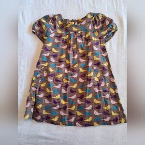 Mini Boden girls 4-5 years taupe with multi colored bird design dress, EUC